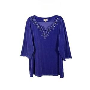 Quacker Factory Top Size 2X Soft Purple Velour V-Neck Bling Sequin 3/4 Sleeve